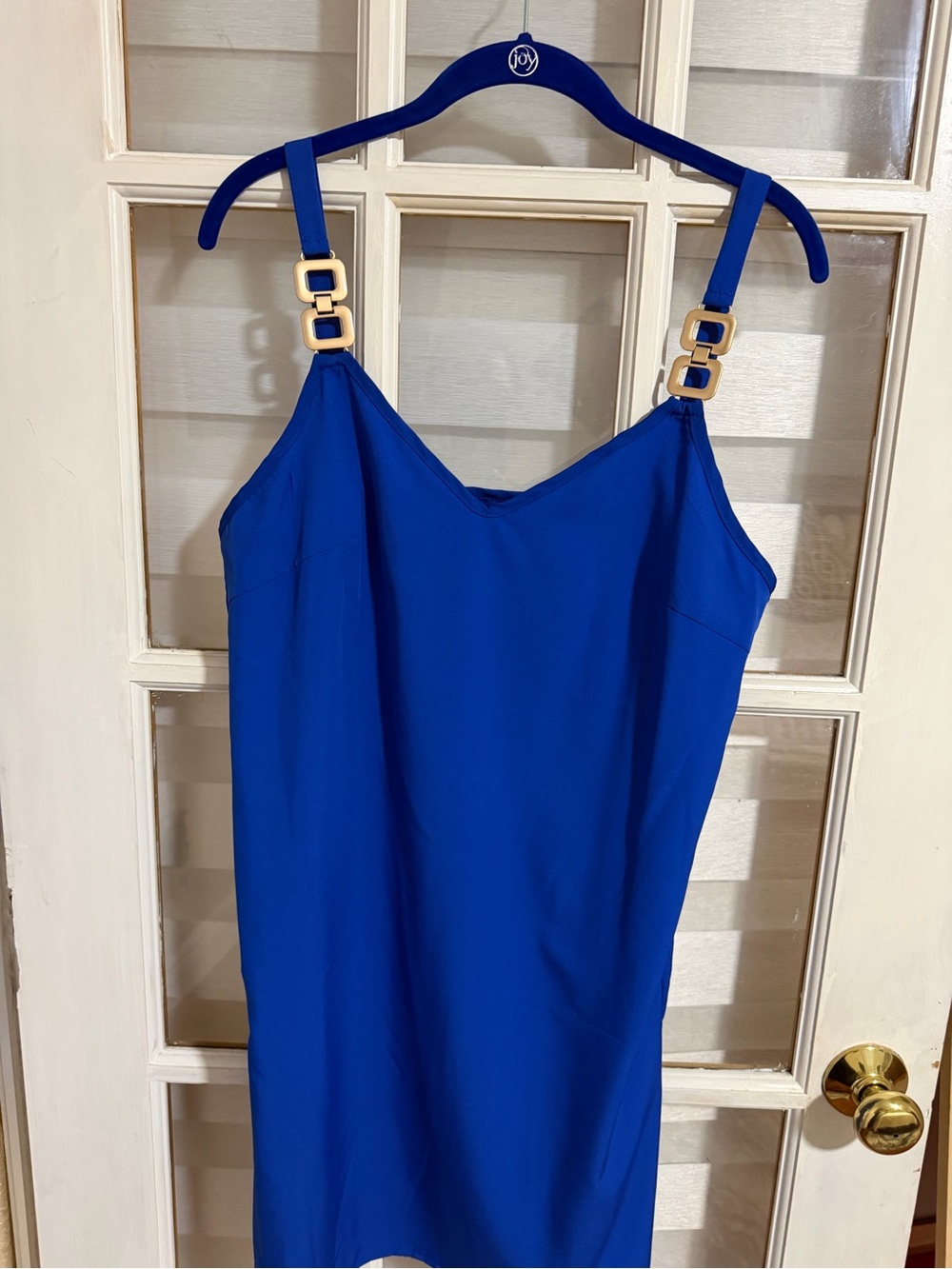 Royal Blue Slip Dress with Gold Square Strap Accents